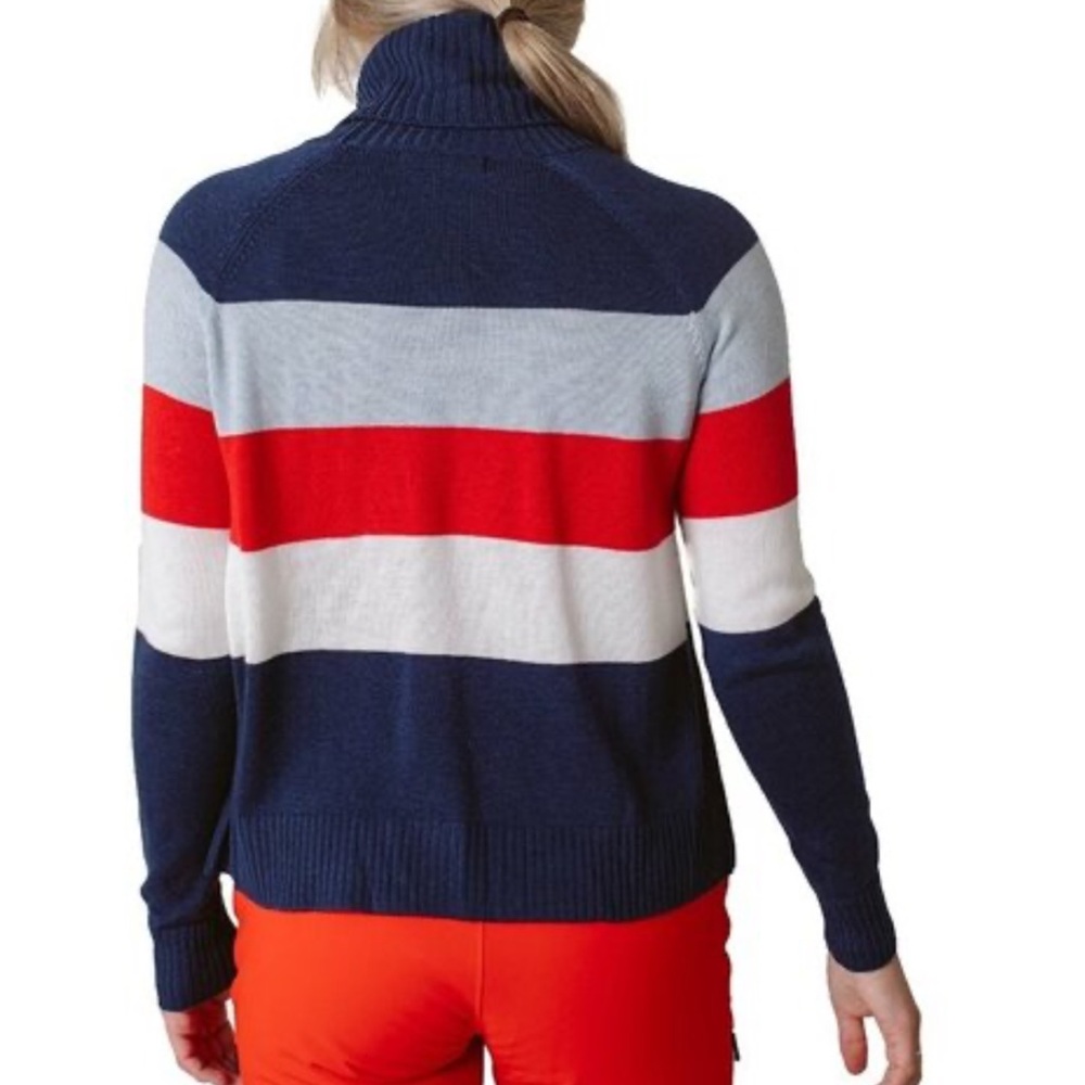 Krimson Klover Joni Striped Embossed Peace Love Ski Blue Red Embossed Sweater - Picture 2 of 9